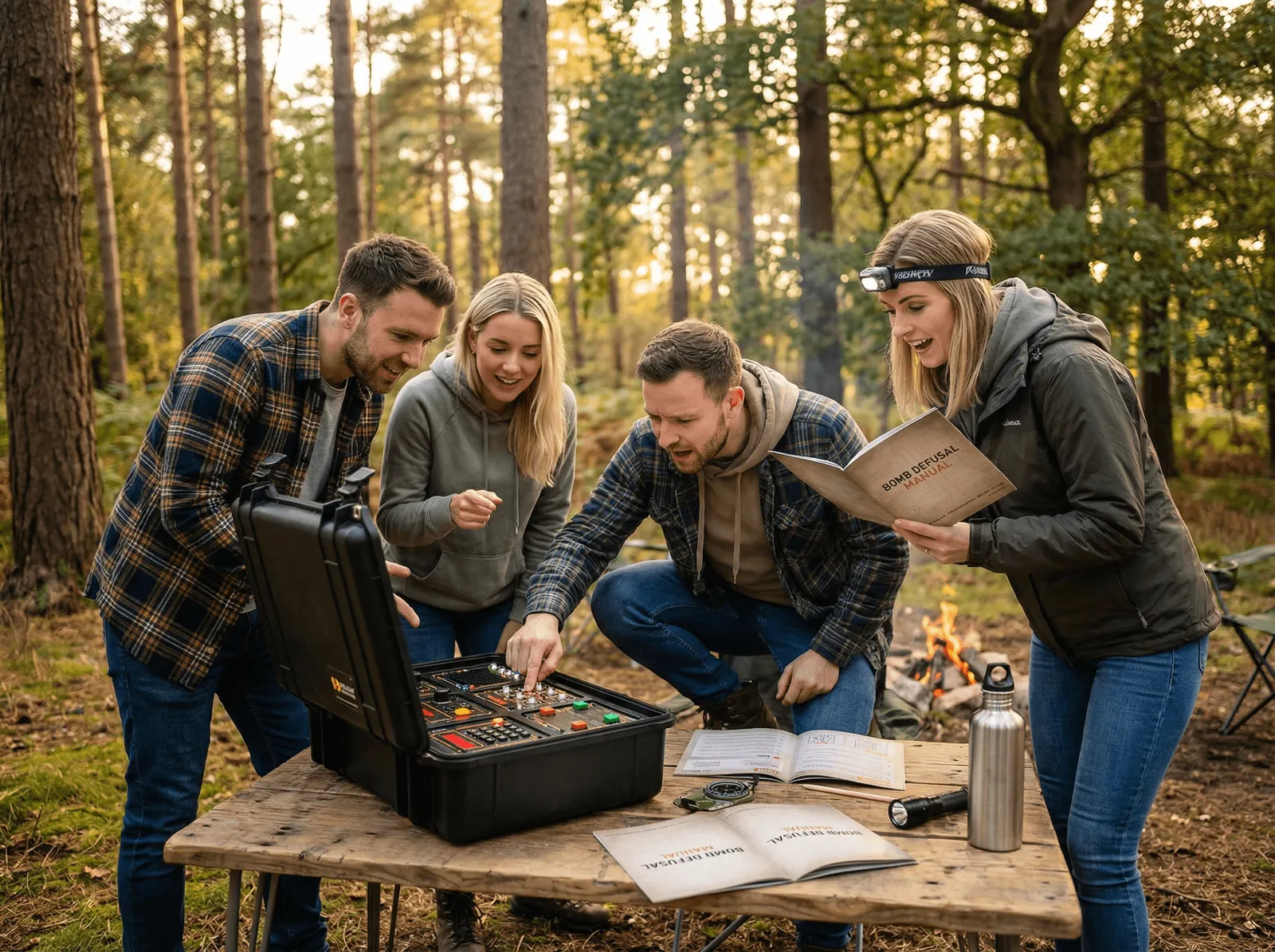 Vier spelers rond de koffer buiten in het bos, met het handboek erbij.
